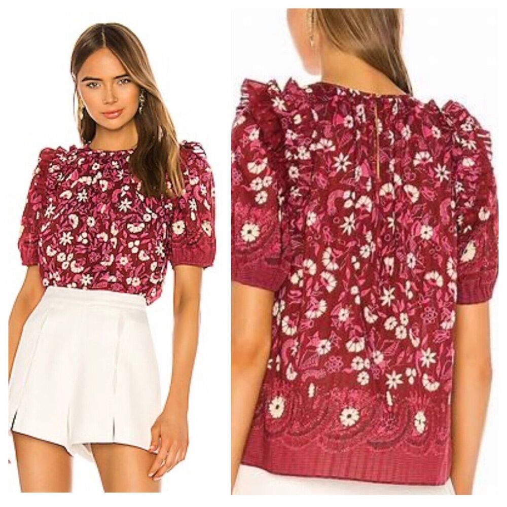 Ulla Johnson Arbor Red Embroidered Floral Puff Sleeve Cotton Top Size 0